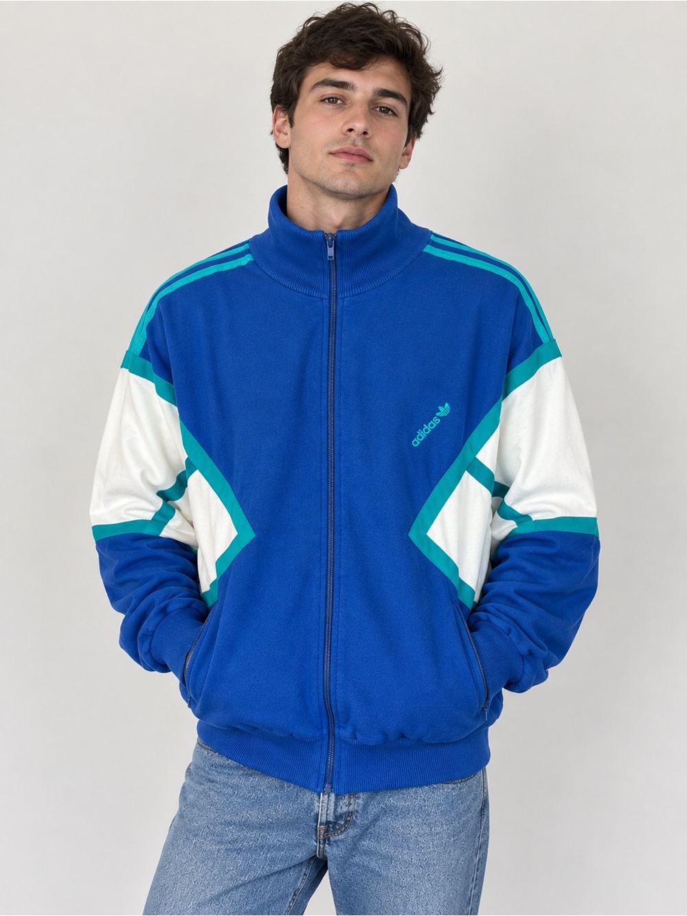 Vintage Adidas Blue White Teal Track Jacket 80s Trefoil Made in Hungary
Size M